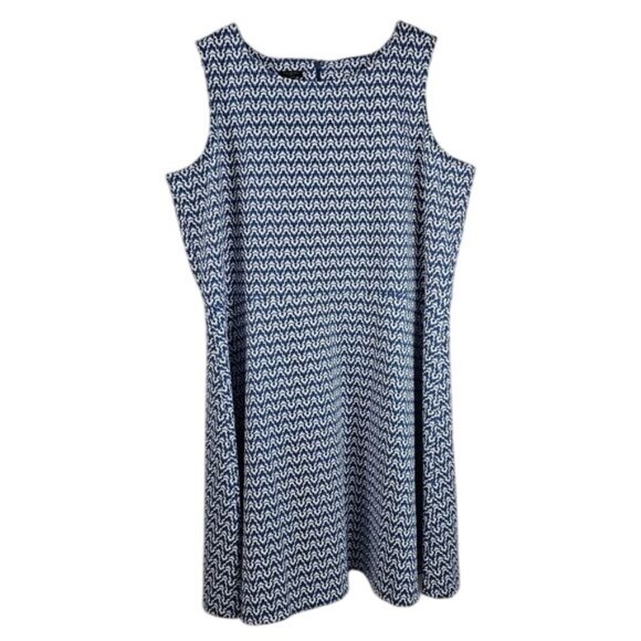 Talbots Stretch Knit Sleeveless Midi Dress 2X Blue/White Geometric Preppy Office - Picture 2 of 7